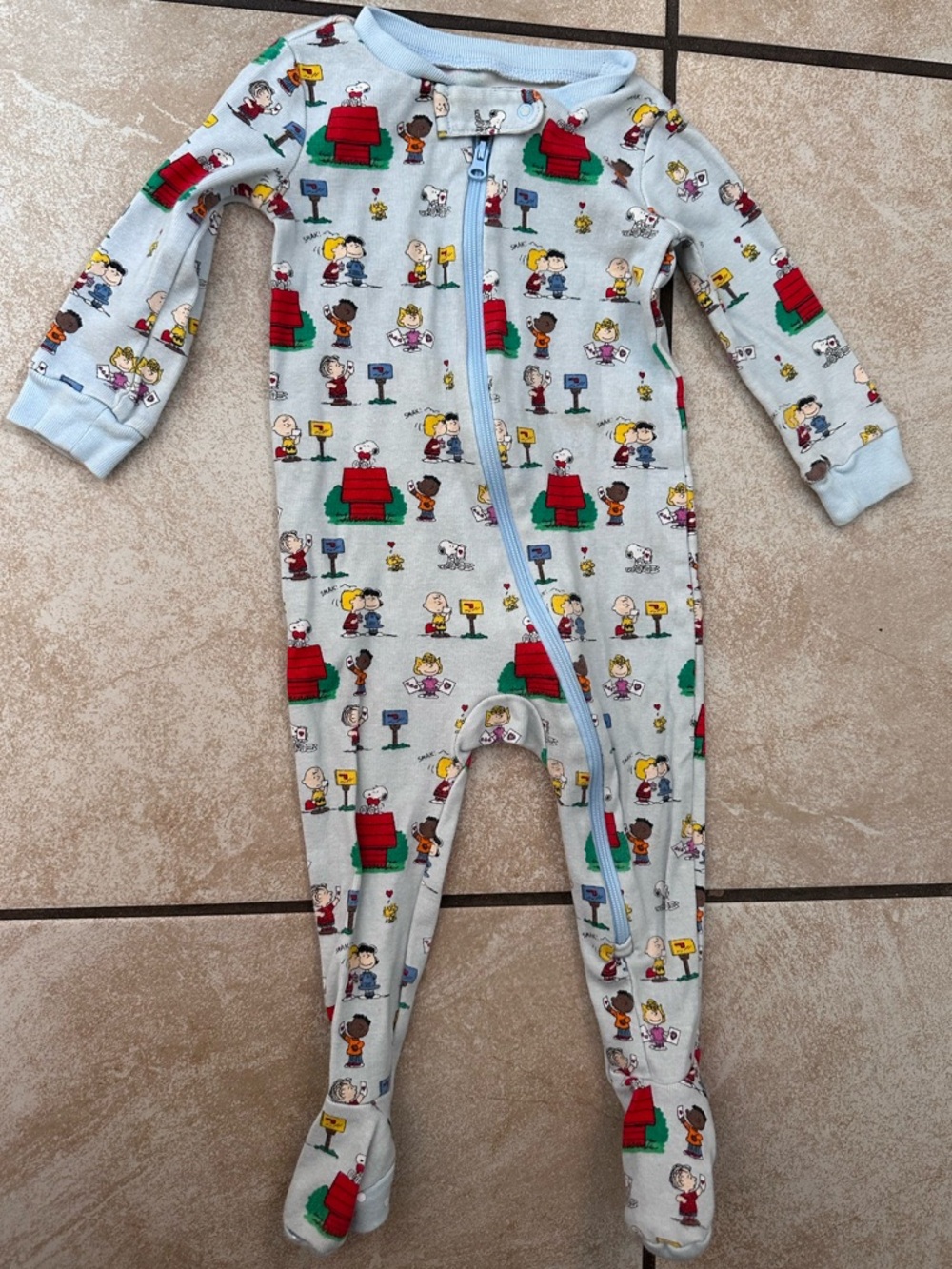 Janie and Jack Light Blue Peanuts Print Footed One-Piece